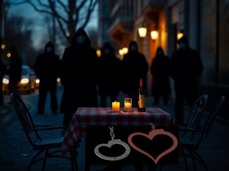 Flick International Dimly lit urban street scene with romantic outdoor dining setup overshadowed by intimidating masked figures
