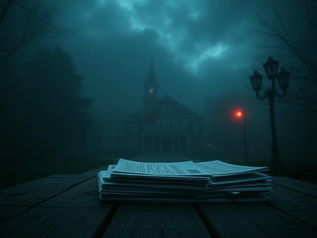 Flick International A dramatic close-up of an American college campus entrance shrouded in fog, with ominous clouds and shadows.
