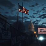 Flick International A stark urban landscape at dusk highlighting a tattered American flag among signs of protest