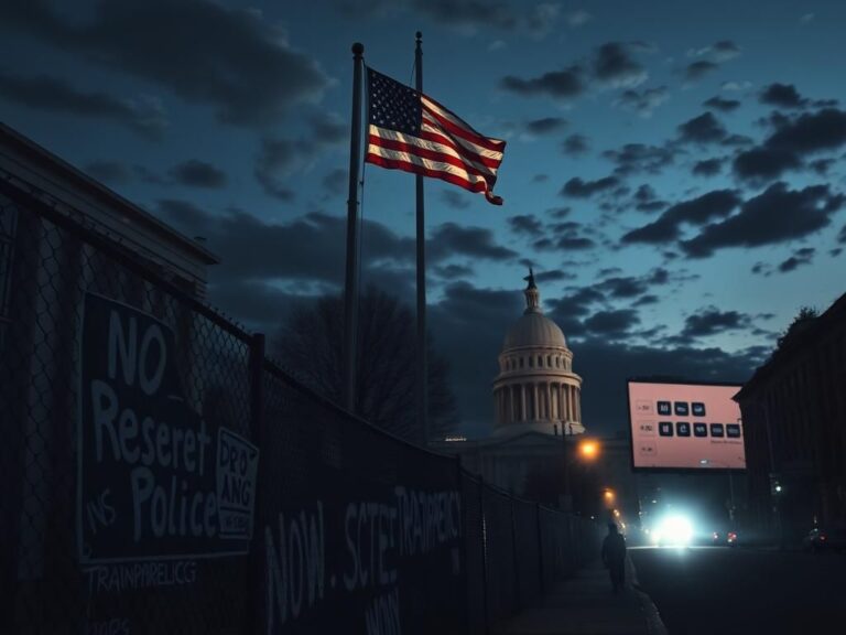 Flick International A stark urban landscape at dusk highlighting a tattered American flag among signs of protest