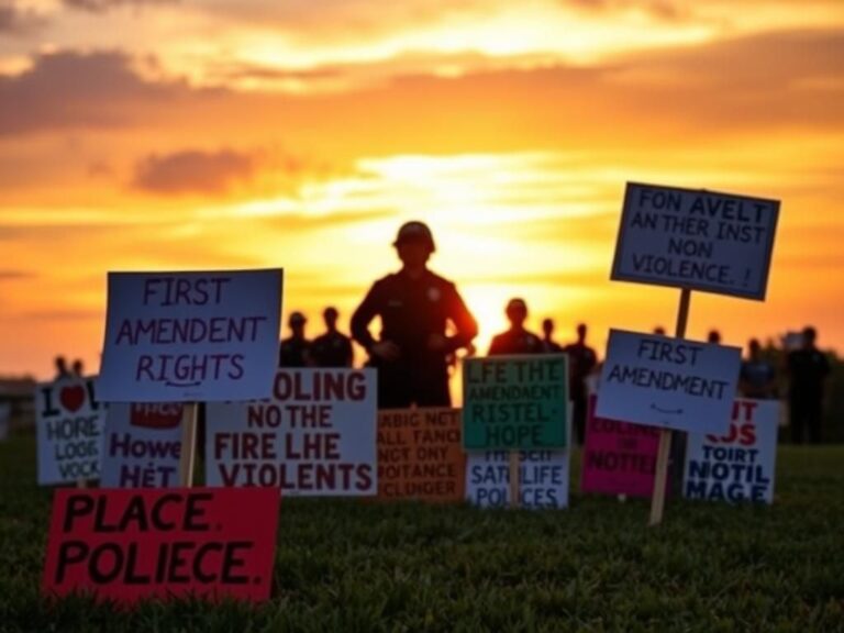 Flick International Peaceful protest scene in Florida with colorful signs for First Amendment rights.