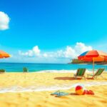 Flick International Vibrant summer beach scene with colorful umbrellas and gentle waves