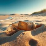 Flick International Weathered glass bottle washed ashore with a faded letter and old currency inside