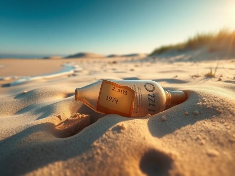 Flick International Weathered glass bottle washed ashore with a faded letter and old currency inside