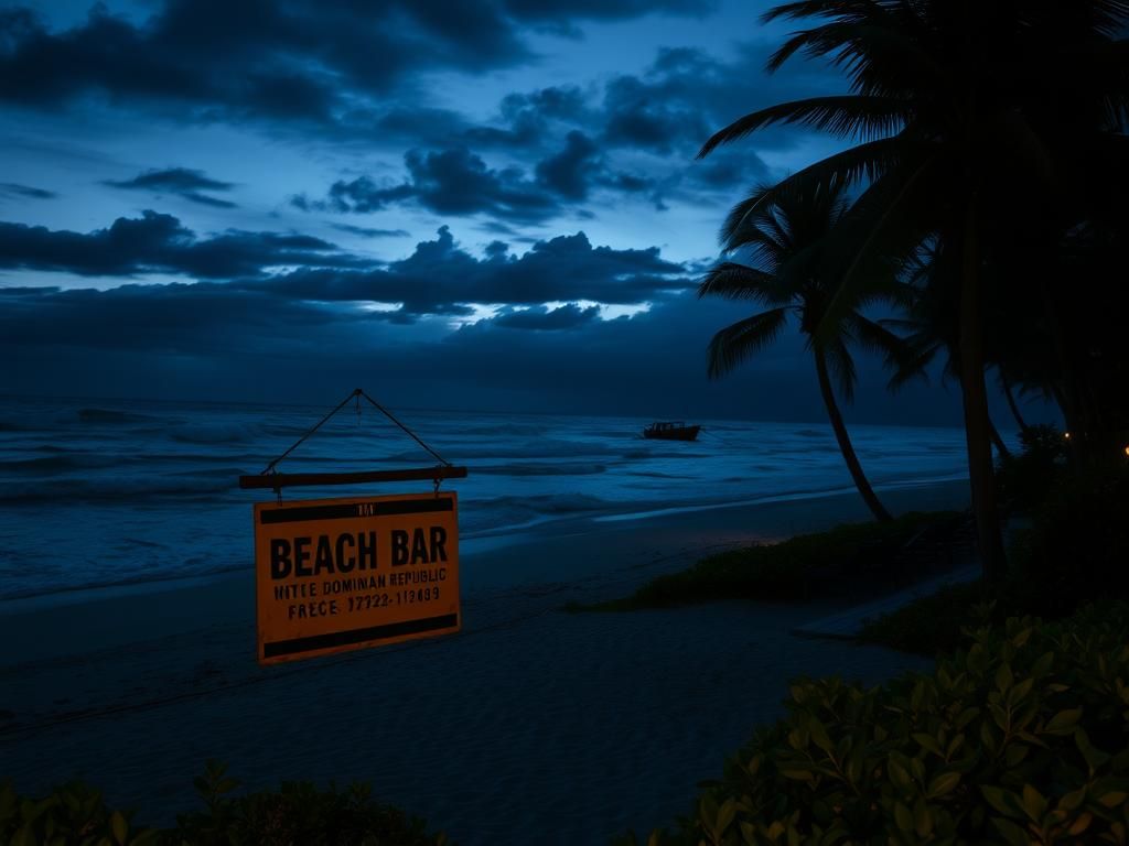 Flick International Twilight beach scene in the Dominican Republic highlighting empty lounge chairs and a deserted boardwalk