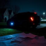 Flick International Dark black SUV parked in a driveway with flashing emergency lights in a suburban Minnesota neighborhood