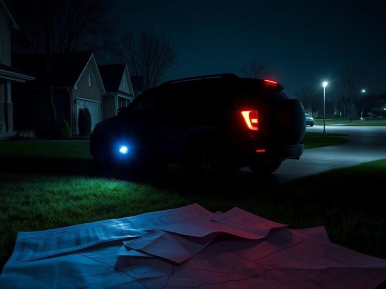 Flick International Dark black SUV parked in a driveway with flashing emergency lights in a suburban Minnesota neighborhood