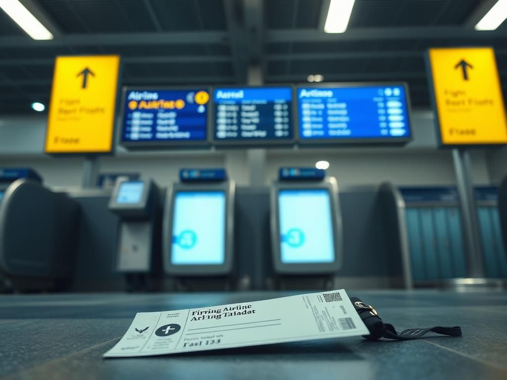 Flick International Close-up view of an empty airline ticket kiosk with a discarded fake flight attendant badge on the ground