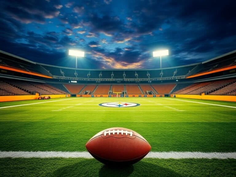 Flick International A vibrant football field at night featuring the Pittsburgh Steelers emblem