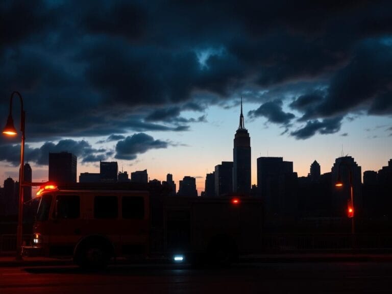 Flick International A dramatic skyline of New York City at dusk with a fire truck parked in the foreground