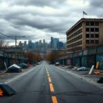 Flick International Desolate urban landscape of Seattle depicting the remnants of the protest CHOP zone with barricades and graffiti.