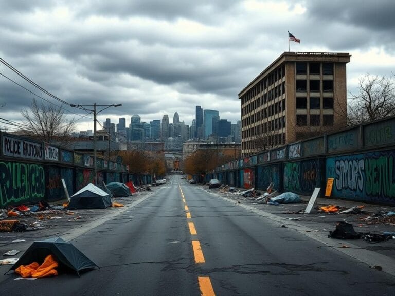Flick International Desolate urban landscape of Seattle depicting the remnants of the protest CHOP zone with barricades and graffiti.