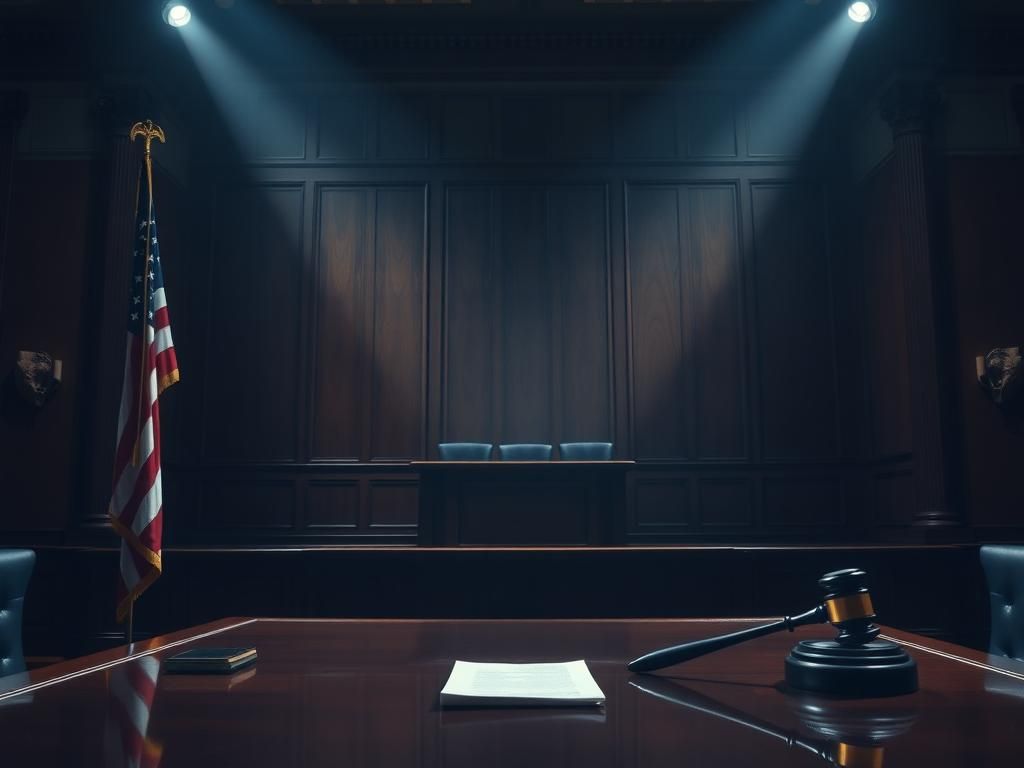 Flick International Dimly lit courtroom with empty witness stand and United States flag