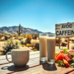 Flick International An abandoned cup of coffee on a picnic table in a sun-drenched desert landscape with cacti and a glass of milk.