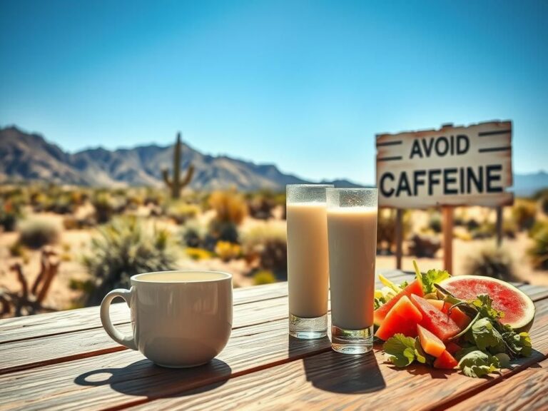 Flick International An abandoned cup of coffee on a picnic table in a sun-drenched desert landscape with cacti and a glass of milk.