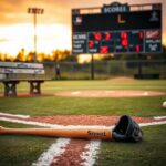 Flick International Tranquil baseball field at sunset with bat and glove representing youth sports