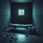 Flick International Dimly lit prison cell with abandoned gurney and discarded pill bottles