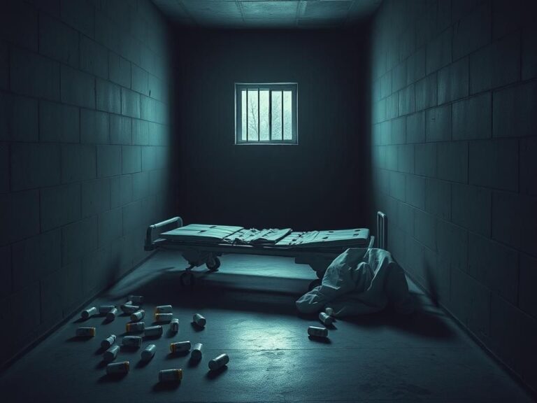 Flick International Dimly lit prison cell with abandoned gurney and discarded pill bottles