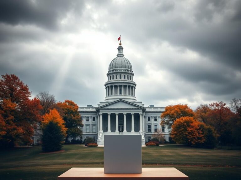 Flick International A dramatic view of the Virginia state capitol building with a large voting booth and ballot box in the foreground