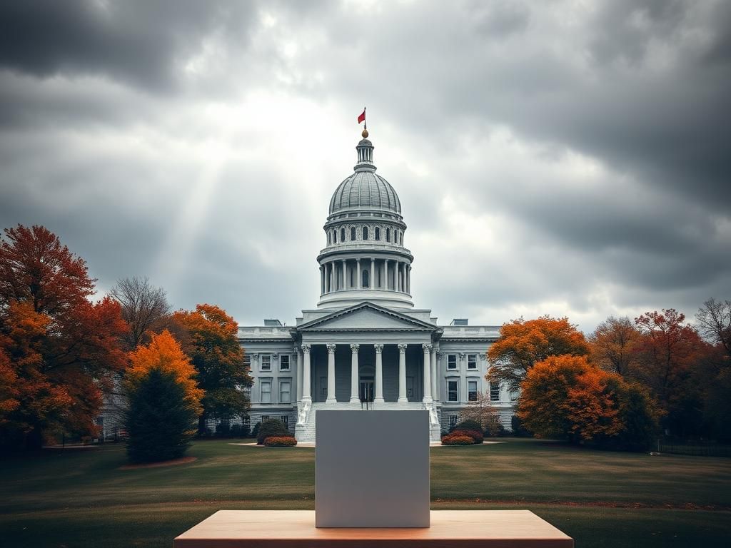Flick International A dramatic view of the Virginia state capitol building with a large voting booth and ballot box in the foreground