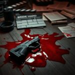 Flick International Close-up of a prop gun beside stage blood on a film set