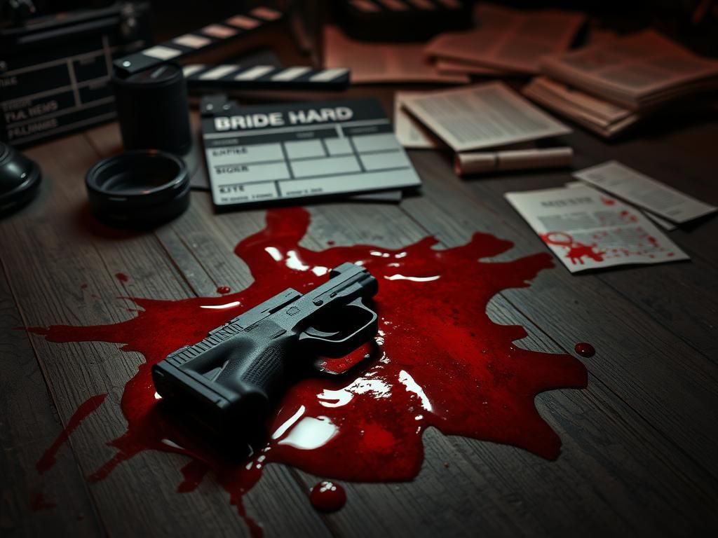 Flick International Close-up of a prop gun beside stage blood on a film set