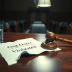 Flick International A courtroom scene with a wooden judge's gavel and a torn document labeled 'Gag Order Violated'