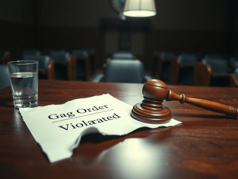 Flick International A courtroom scene with a wooden judge's gavel and a torn document labeled 'Gag Order Violated'