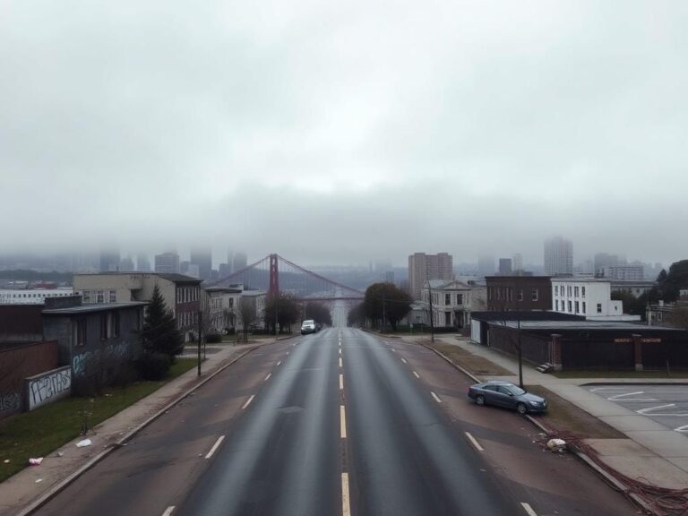 Flick International A bird's-eye view of San Francisco's skyline shrouded in fog with visible infrastructure issues.