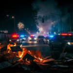 Flick International Urban street scene in Los Angeles during immigration riots with police lights and burning debris