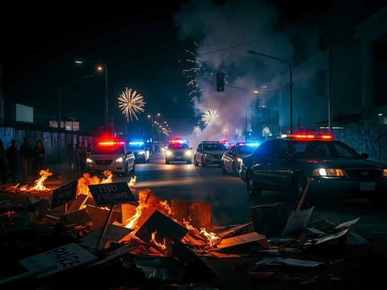 Flick International Urban street scene in Los Angeles during immigration riots with police lights and burning debris