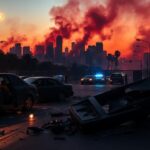 Flick International Chaotic urban scene in Los Angeles depicting the aftermath of immigration riots