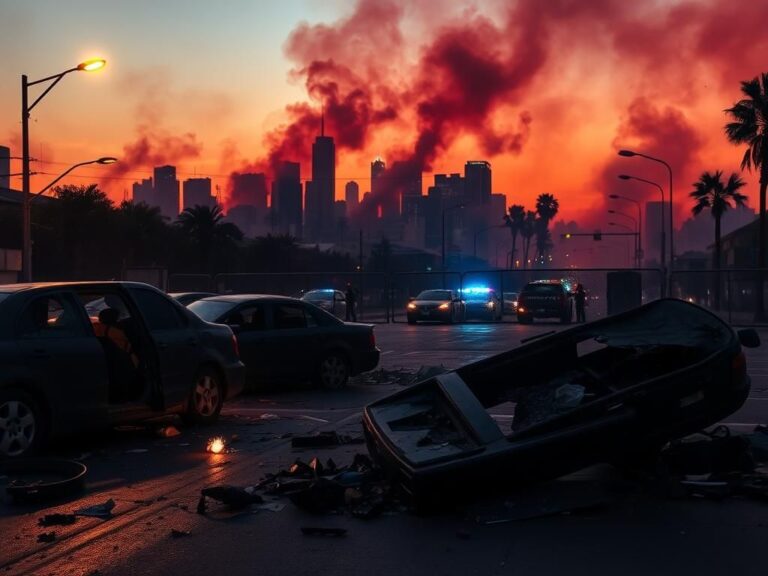 Flick International Chaotic urban scene in Los Angeles depicting the aftermath of immigration riots