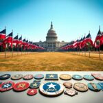 Flick International A panoramic view of military flags fluttering in a breeze with the U.S. Capitol in the background