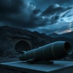 Flick International Dramatic mountainous landscape at dusk featuring a fortified underground nuclear facility in Iran