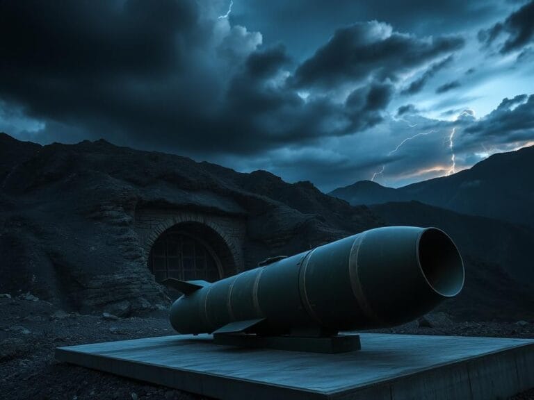 Flick International Dramatic mountainous landscape at dusk featuring a fortified underground nuclear facility in Iran