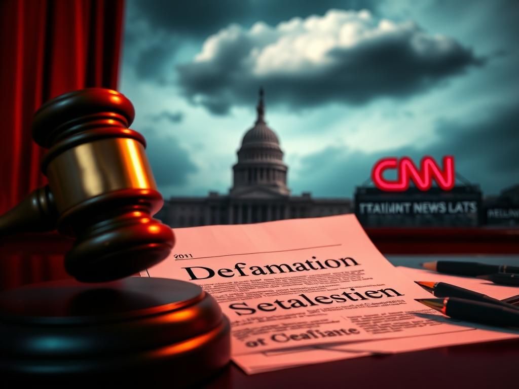 Flick International A dramatic courtroom scene symbolizing a defamation trial with blurred legal documents and a news building in the background