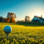 Flick International A vibrant golf course at dawn with a polished golf tee and a golf ball.