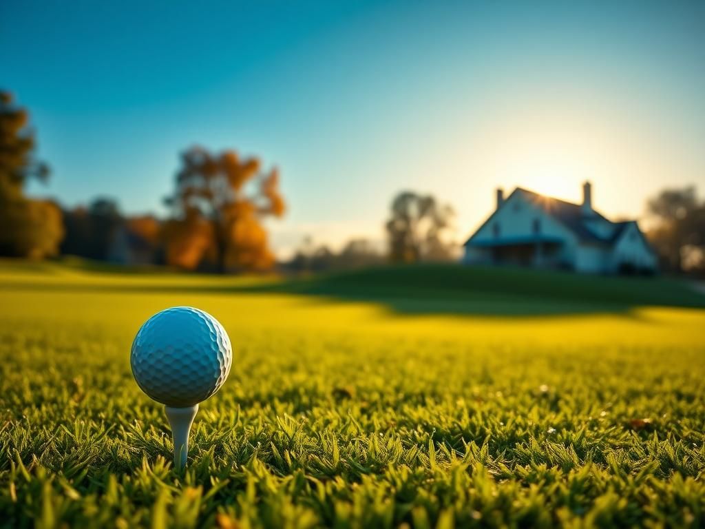 Flick International A vibrant golf course at dawn with a polished golf tee and a golf ball.