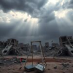 Flick International A haunting image of a desolate playground in Gaza, symbolizing lost childhood amid conflict.