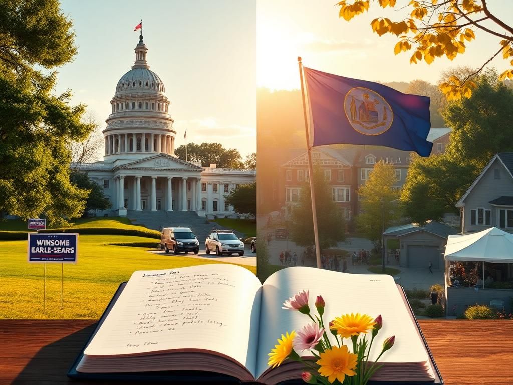 Flick International Political landscape of Virginia with State Capitol and campaign signs for Winsome Earle-Sears and Abigail Spanberger