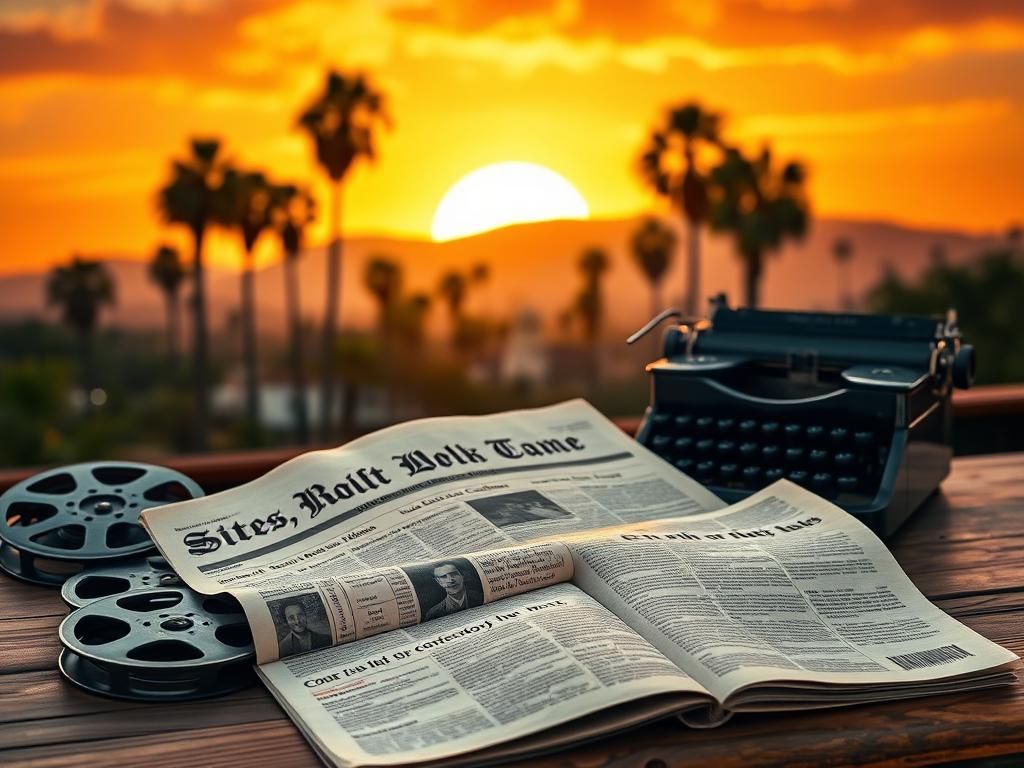 Flick International Vintage Hollywood landscape at sunset with palm trees and film reels