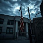 Flick International Sealed-off federal building in NYC with American flag and graffiti reflecting public unrest.