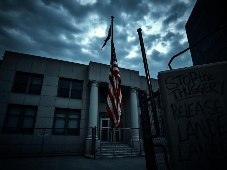 Flick International Sealed-off federal building in NYC with American flag and graffiti reflecting public unrest.