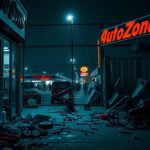 Flick International Aftermath of looting at AutoZone store in Los Angeles with shattered glass and scattered merchandise