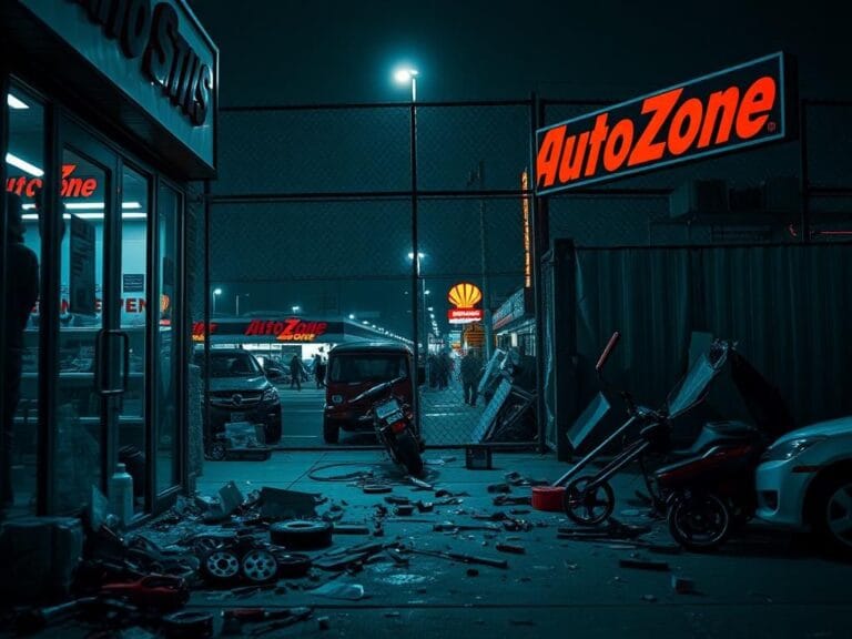 Flick International Aftermath of looting at AutoZone store in Los Angeles with shattered glass and scattered merchandise