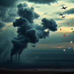 Flick International Abstract representation of a nuclear power plant with dark smoke amidst a desert landscape