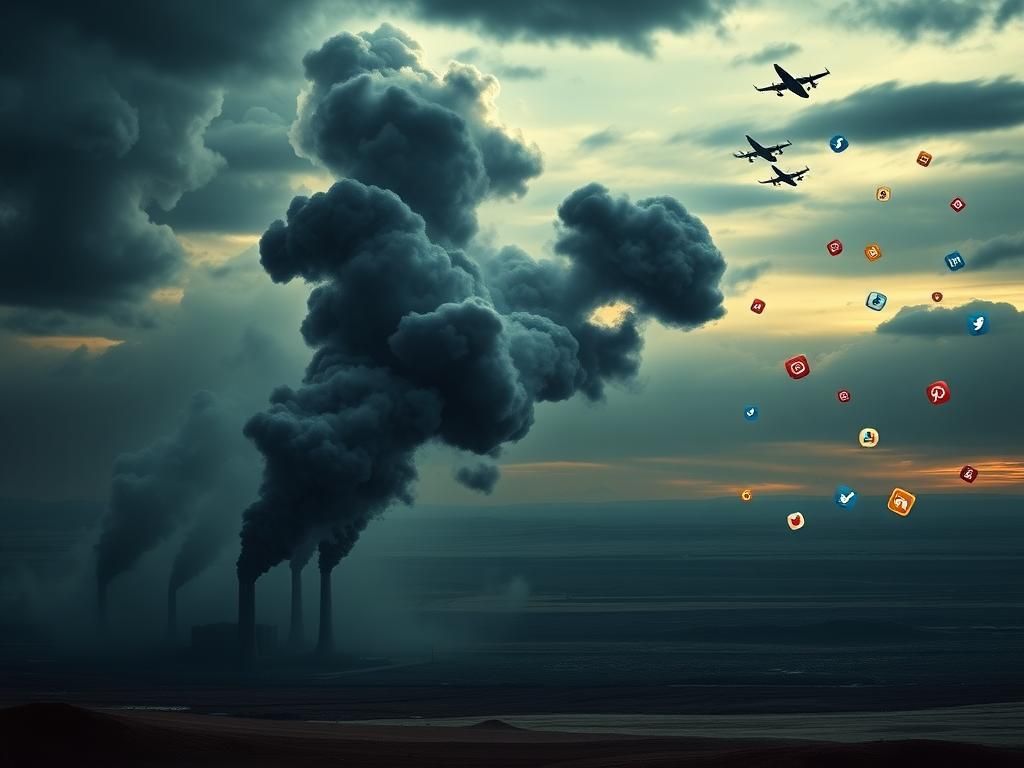 Flick International Abstract representation of a nuclear power plant with dark smoke amidst a desert landscape