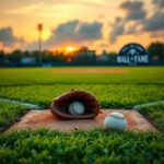 Flick International A serene baseball field at sunset with a baseball glove and ball symbolizing nostalgia for the game
