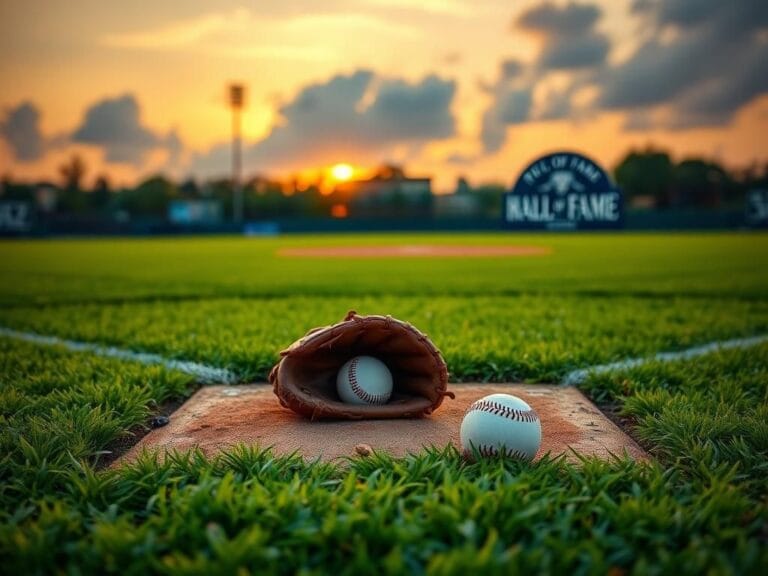 Flick International A serene baseball field at sunset with a baseball glove and ball symbolizing nostalgia for the game